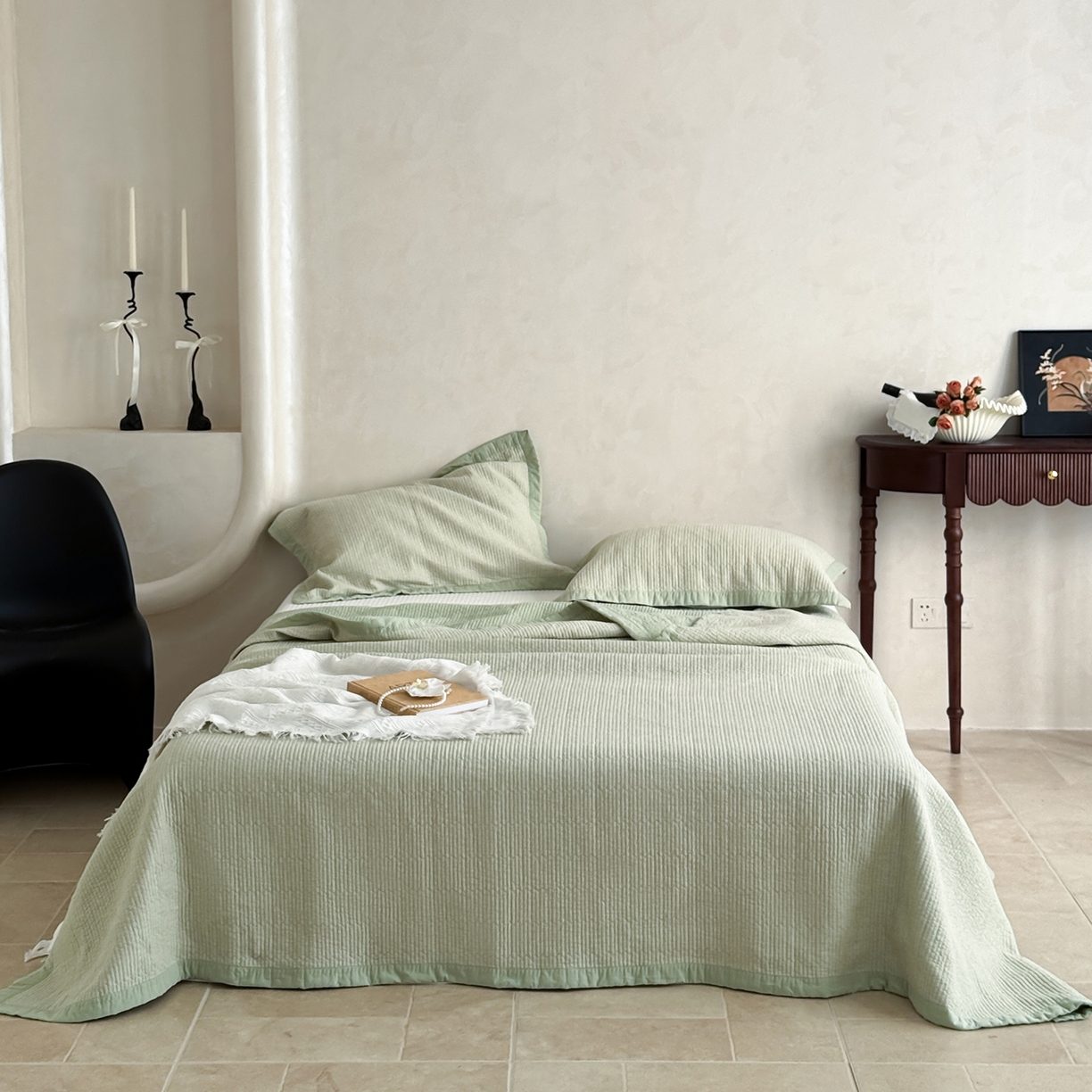 91家纺网 家纺一手货源 找家纺 床盖工厂店 2026新款双面全棉水洗棉花糖床盖三件套-米通格系列 米通格-浅绿