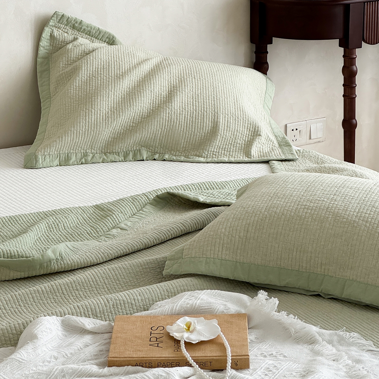 91家纺网 家纺一手货源 找家纺 床盖工厂店 2026新款双面全棉水洗棉花糖床盖三件套-米通格系列 米通格-浅绿