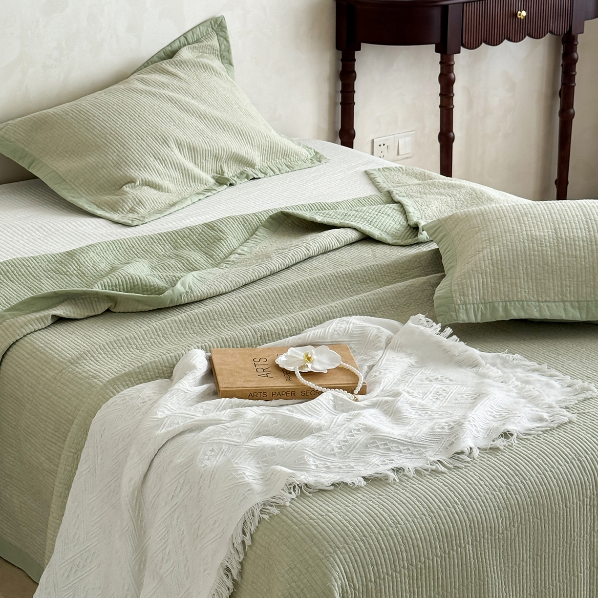 91家纺网 家纺一手货源 找家纺 床盖工厂店 2026新款双面全棉水洗棉花糖床盖三件套-米通格系列 米通格-浅绿