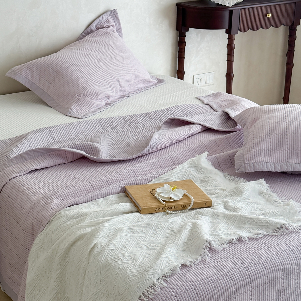 91家纺网 家纺一手货源 找家纺 床盖工厂店 2026新款双面全棉水洗棉花糖床盖三件套-米通格系列 米通格-浅紫