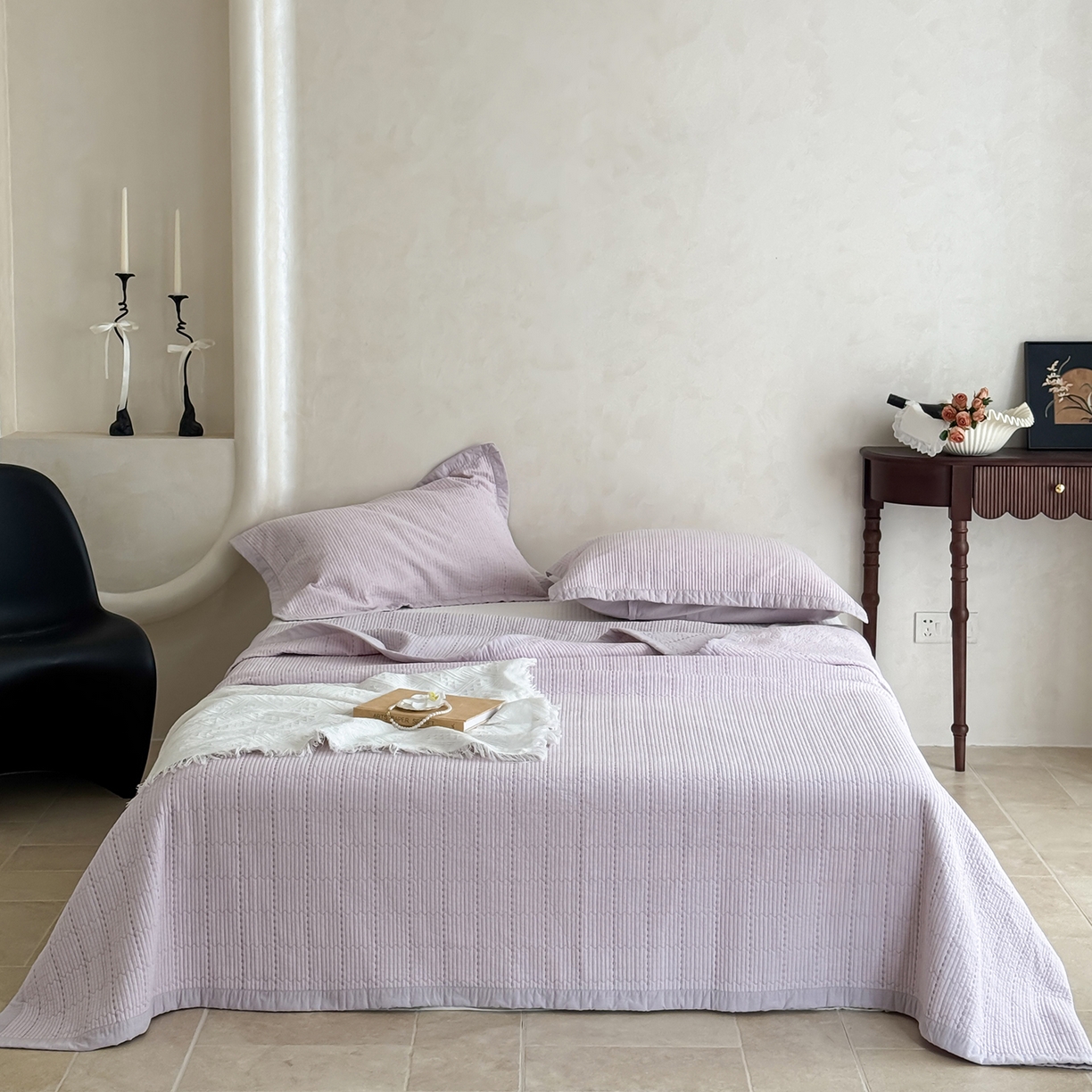 91家纺网 家纺一手货源 找家纺 床盖工厂店 2026新款双面全棉水洗棉花糖床盖三件套-米通格系列 米通格-浅紫
