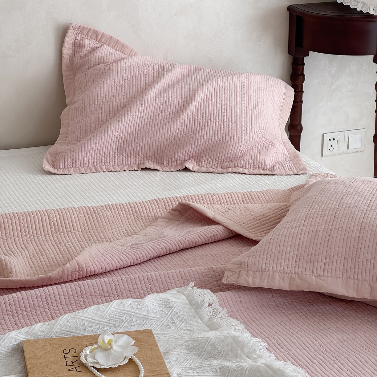 91家纺网 家纺一手货源 找家纺 床盖工厂店 2026新款双面全棉水洗棉花糖床盖三件套-米通格系列 米通格-玉色