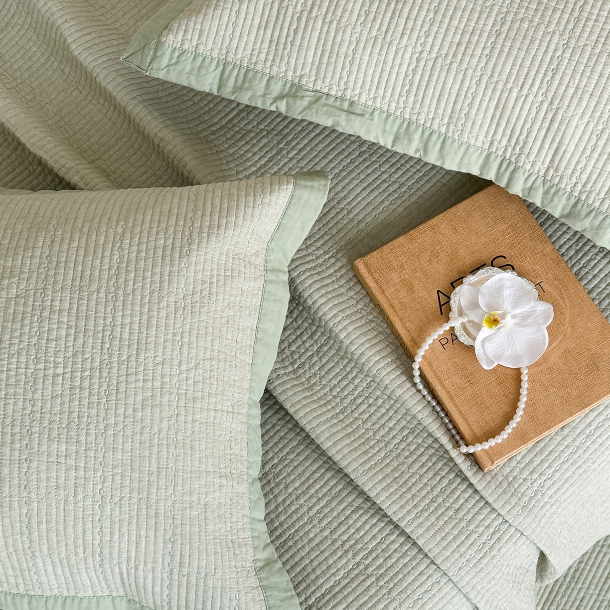 91家纺网 家纺一手货源 找家纺 床盖工厂店 2026新款双面全棉水洗棉花糖床盖三件套-米通格系列 米通格-浅绿