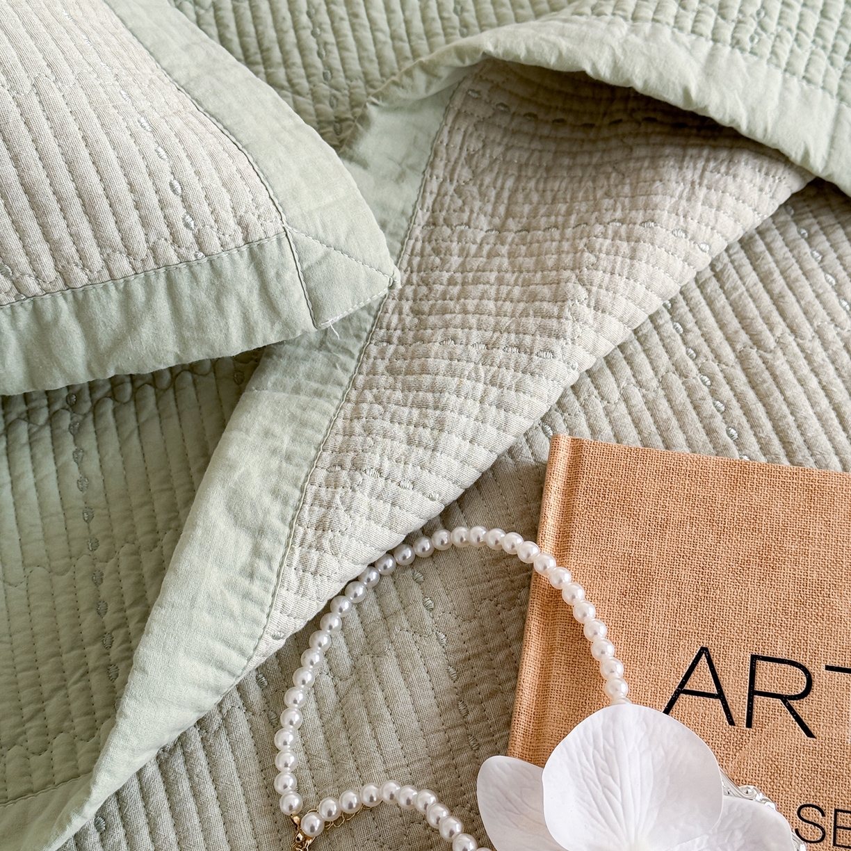 91家纺网 家纺一手货源 找家纺 床盖工厂店 2026新款双面全棉水洗棉花糖床盖三件套-米通格系列 米通格-浅绿