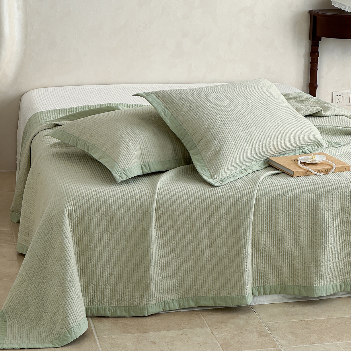 91家纺网 家纺一手货源 找家纺 床盖工厂店 2026新款双面全棉水洗棉花糖床盖三件套-米通格系列 米通格-浅绿