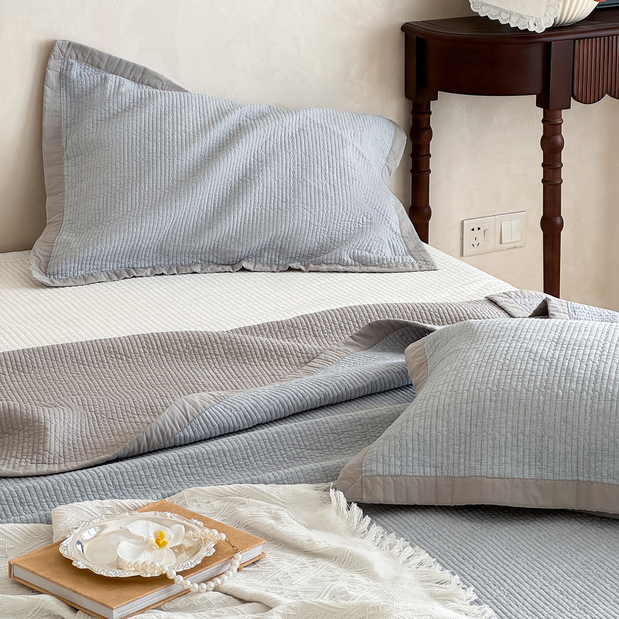 91家纺网 家纺一手货源 找家纺 床盖工厂店 2026新款双面全棉水洗棉花糖床盖三件套-米通格系列 米通格-灰色