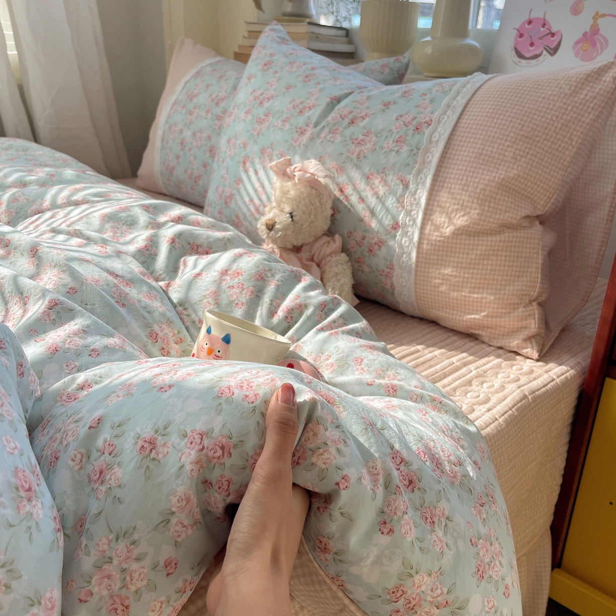 91家纺网 家纺一手货源 找家纺 （总）花漾家居 2025新款小红书爆款小清新全棉纯棉刺绣小花边古法仿棉水洗棉四件套