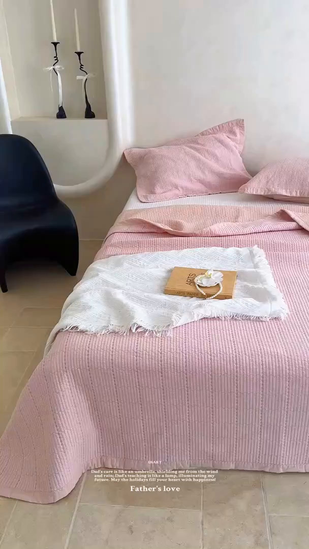 91家纺网 家纺一手货源 找家纺 床盖工厂店 2026新款双面全棉水洗棉花糖床盖三件套-米通格系列 米通格-玉色