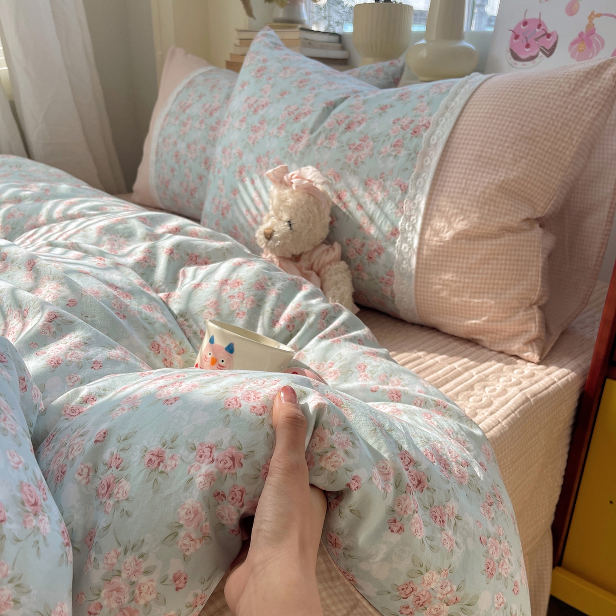 91家纺网 家纺一手货源 找家纺 （总）花漾家居 2025新款小红书爆款小清新全棉纯棉刺绣小花边古法仿棉水洗棉四件套