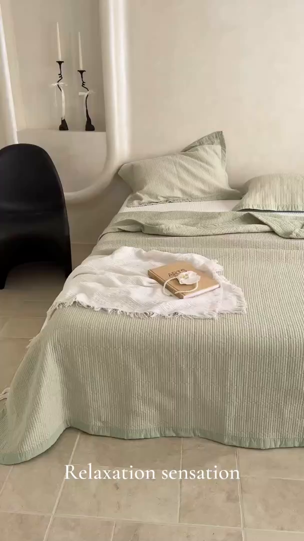 91家纺网 家纺一手货源 找家纺 床盖工厂店 2026新款双面全棉水洗棉花糖床盖三件套-米通格系列 米通格-浅绿