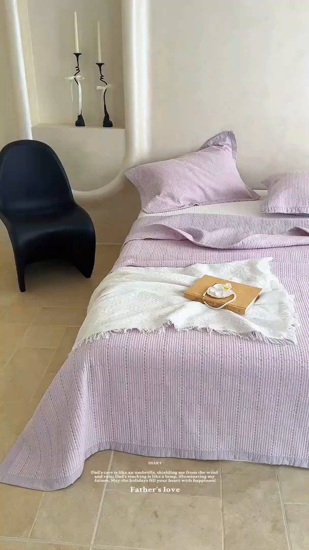 91家纺网 家纺一手货源 找家纺 床盖工厂店 2026新款双面全棉水洗棉花糖床盖三件套-米通格系列 米通格-浅紫