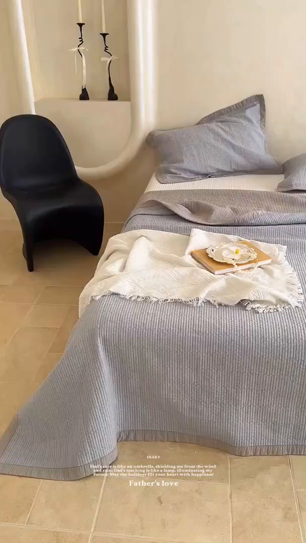 91家纺网 家纺一手货源 找家纺 床盖工厂店 2026新款双面全棉水洗棉花糖床盖三件套-米通格系列 米通格-灰色