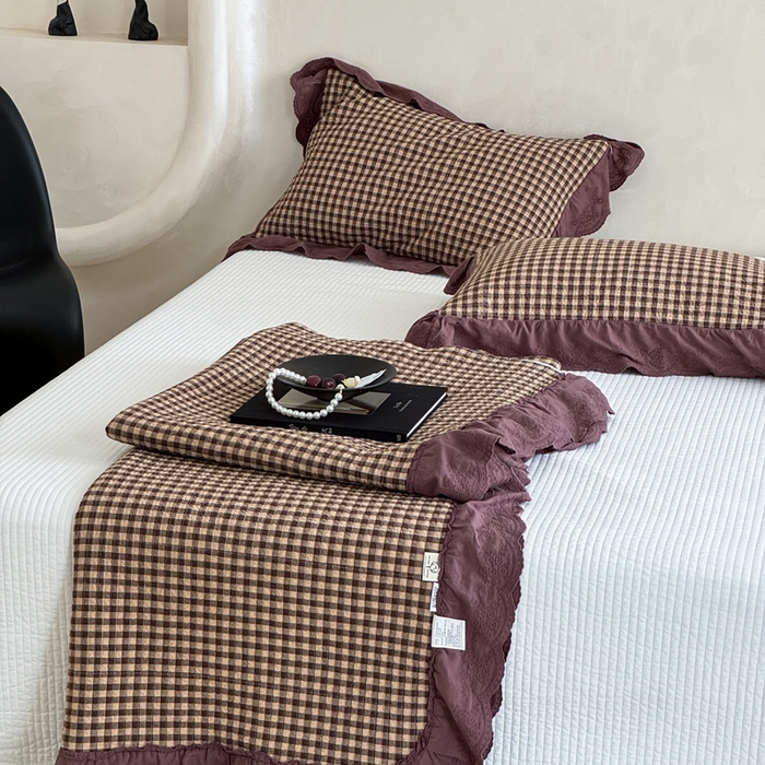 91家纺网 家纺一手货源 找家纺 （总）床盖工厂店 2025新款双面全棉纯棉填充棉花花边款床盖三件套芸素