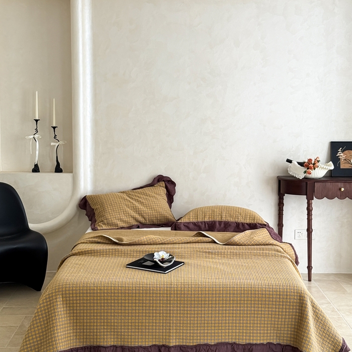 91家纺网 家纺一手货源 找家纺 （总）床盖工厂店 2025新款双面全棉纯棉填充棉花花边款床盖三件套芸素