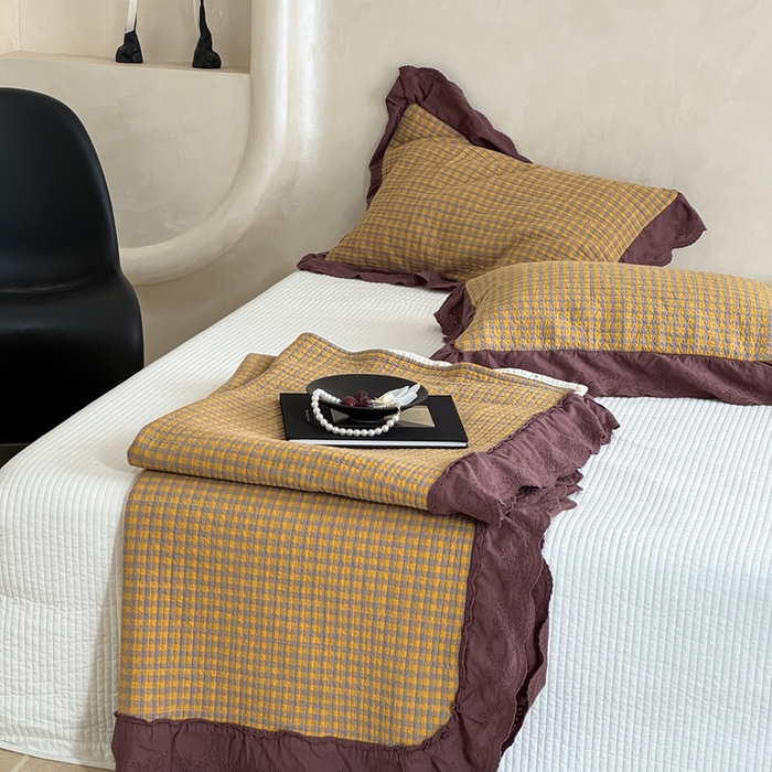 （总）床盖工厂店 2025新款双面全棉纯棉填充棉花花边款床盖三件套芸素