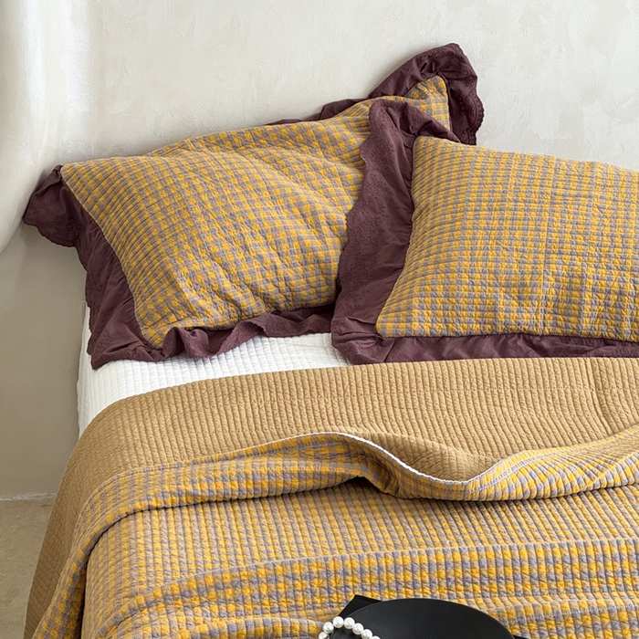 91家纺网 家纺一手货源 找家纺 （总）床盖工厂店 2025新款双面全棉纯棉填充棉花花边款床盖三件套芸素