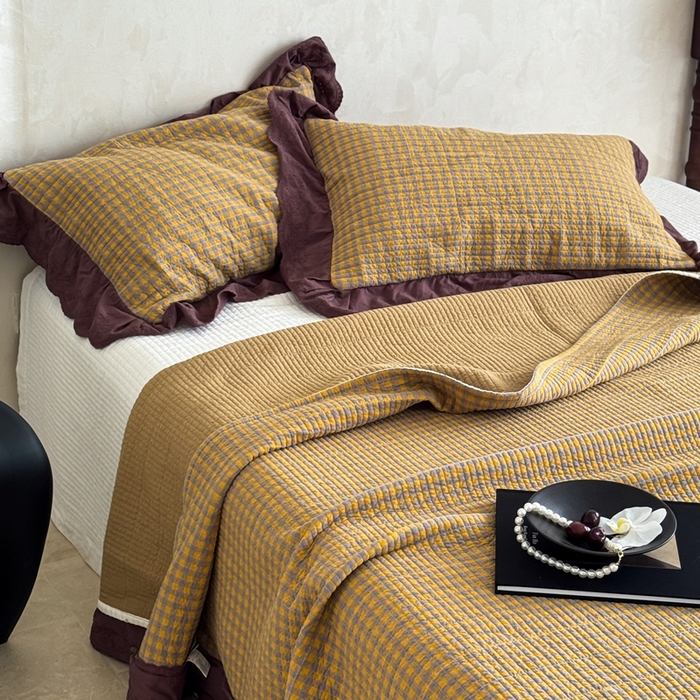 91家纺网 家纺一手货源 找家纺 （总）床盖工厂店 2025新款双面全棉纯棉填充棉花花边款床盖三件套芸素