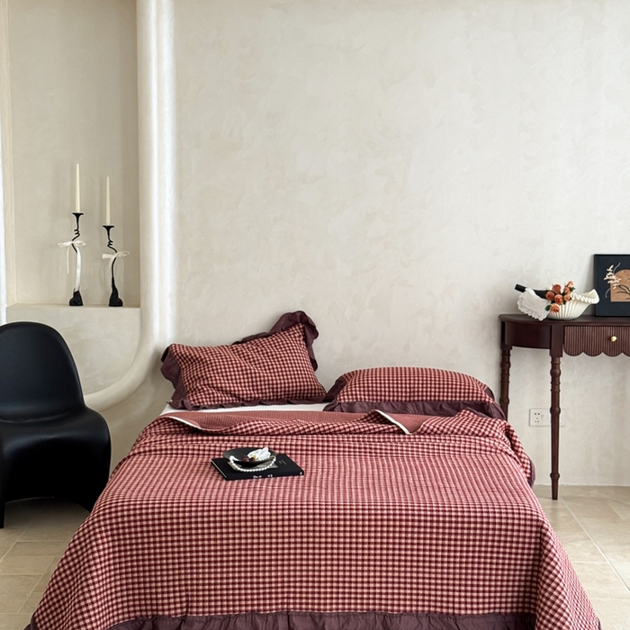 91家纺网 家纺一手货源 找家纺 床盖工厂店 2025新款双面全棉纯棉填充棉花花边款床盖三件套芸素 芸素-红