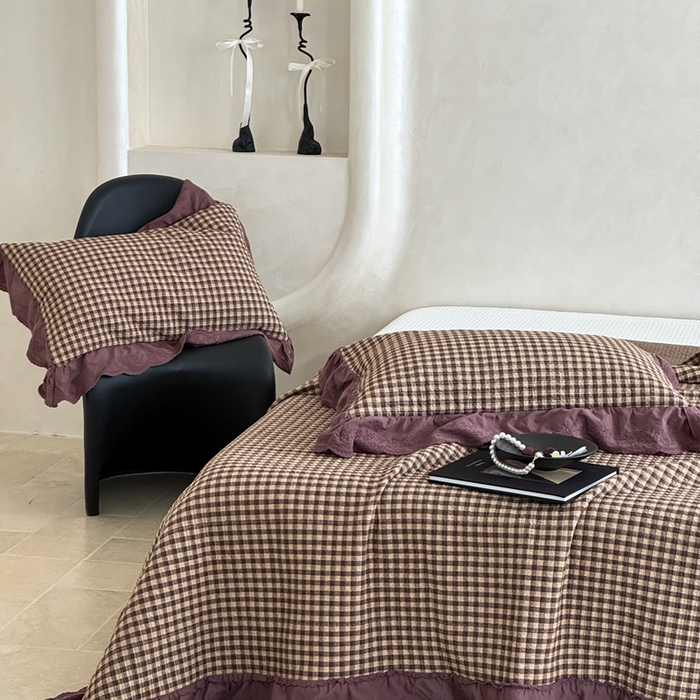 91家纺网 家纺一手货源 找家纺 床盖工厂店 2025新款双面全棉纯棉填充棉花花边款床盖三件套芸素 芸素-咖