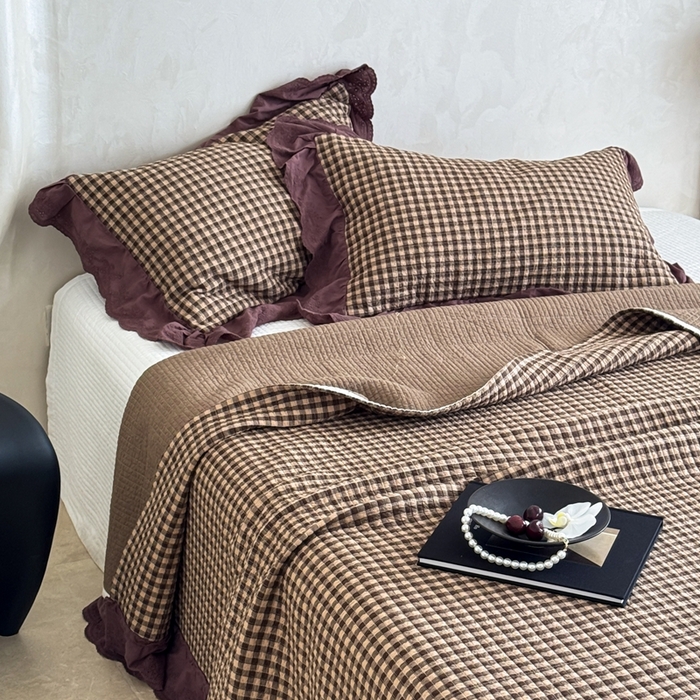 91家纺网 家纺一手货源 找家纺 床盖工厂店 2025新款双面全棉纯棉填充棉花花边款床盖三件套芸素 芸素-咖