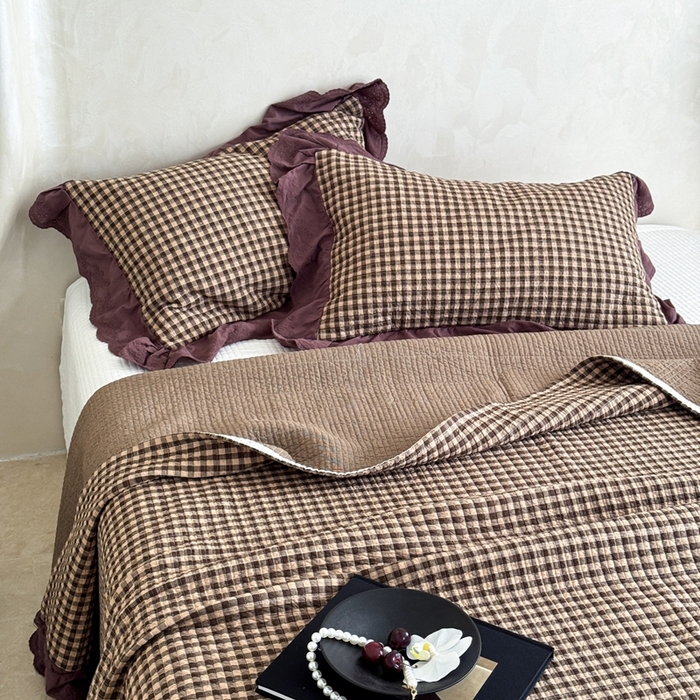 91家纺网 家纺一手货源 找家纺 床盖工厂店 2025新款双面全棉纯棉填充棉花花边款床盖三件套芸素 芸素-咖