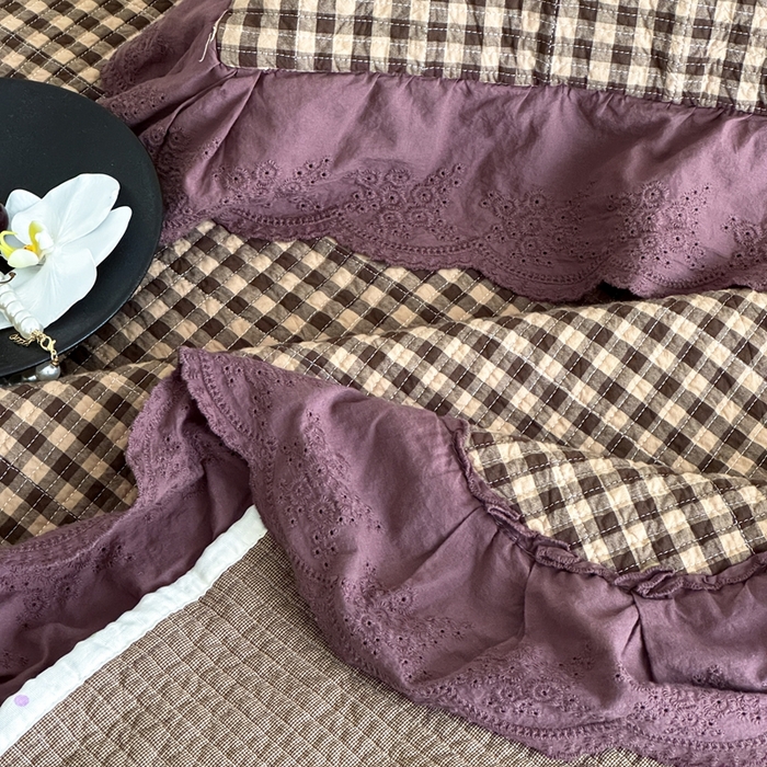 91家纺网 家纺一手货源 找家纺 床盖工厂店 2025新款双面全棉纯棉填充棉花花边款床盖三件套芸素 芸素-咖