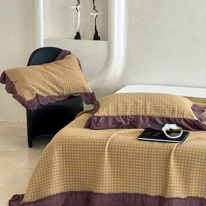 91家纺网 家纺一手货源 找家纺 床盖工厂店 2025新款双面全棉纯棉填充棉花花边款床盖三件套芸素 芸素-黄