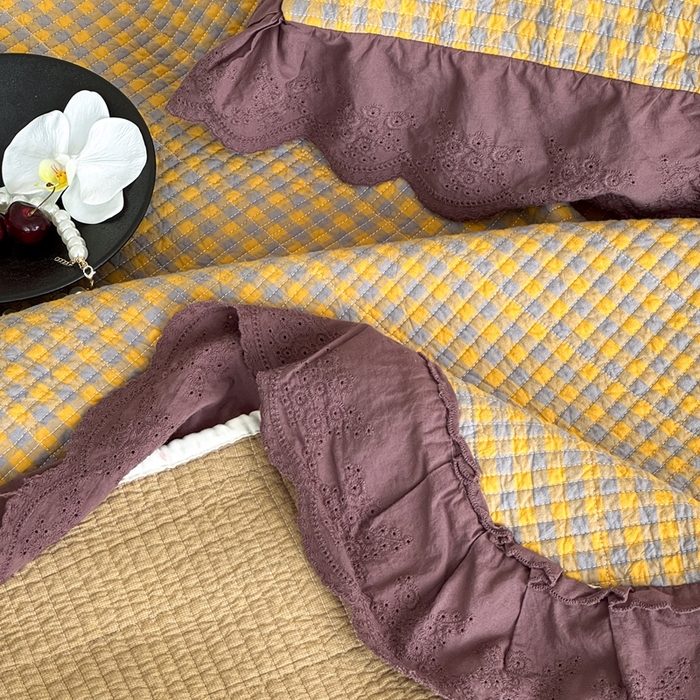 91家纺网 家纺一手货源 找家纺 床盖工厂店 2025新款双面全棉纯棉填充棉花花边款床盖三件套芸素 芸素-黄