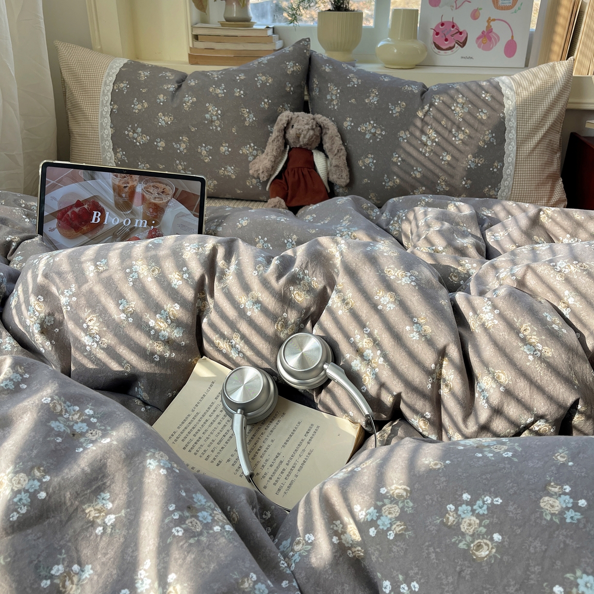 91家纺网 家纺一手货源 找家纺 花漾家居 2025新款小红书爆款小清新全棉纯棉刺绣小花边古法仿棉水洗棉四件套 花满溪