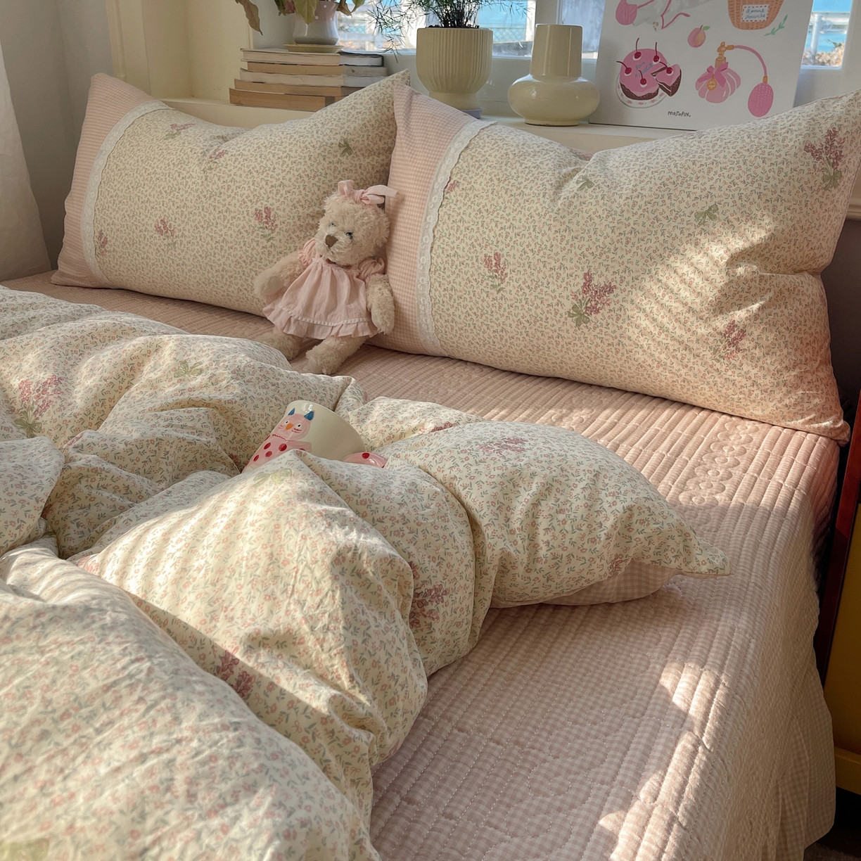 花漾家居 2025新款小红书爆款小清新全棉纯棉刺绣小花边古法仿棉水洗棉四件套 花信子