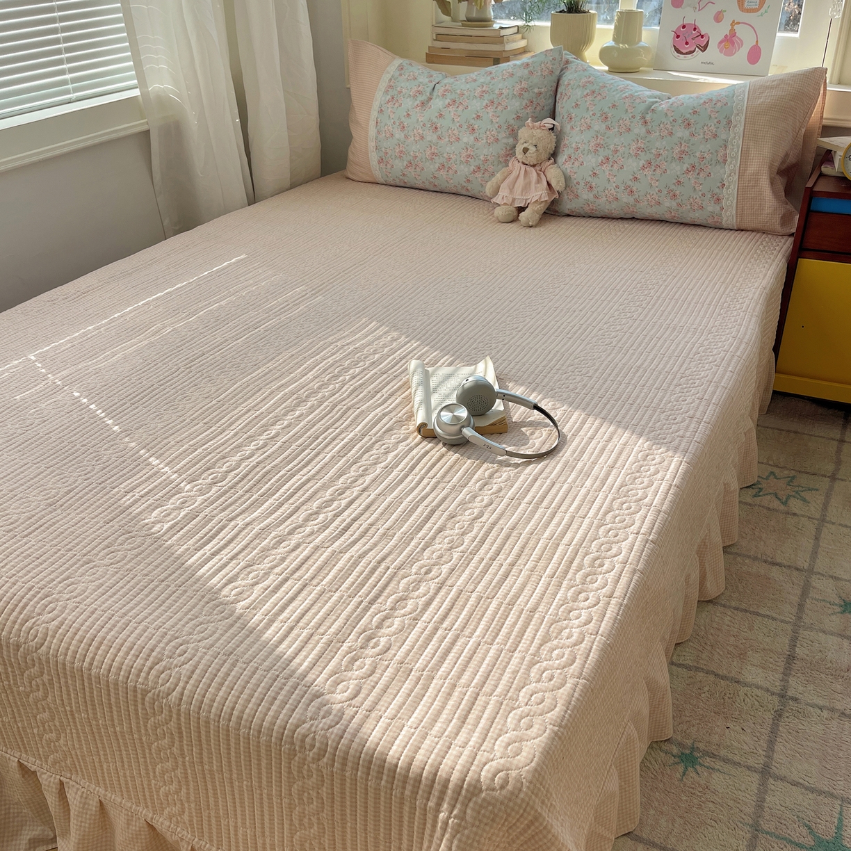 91家纺网 家纺一手货源 找家纺 花漾家居 2025新款小红书爆款小清新全棉纯棉刺绣小花边古法仿棉水洗棉四件套 茉莉清风