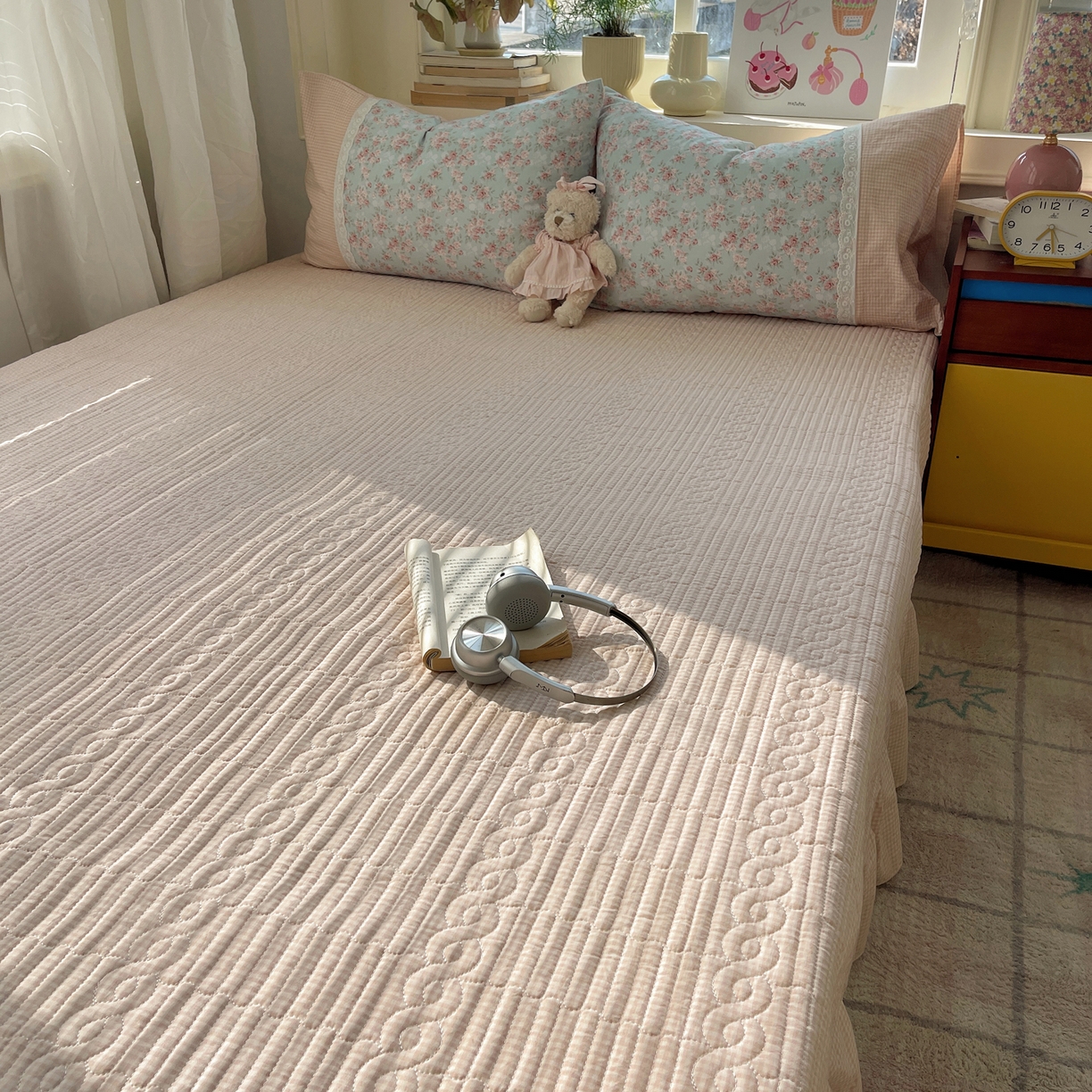 91家纺网 家纺一手货源 找家纺 花漾家居 2025新款小红书爆款小清新全棉纯棉刺绣小花边古法仿棉水洗棉四件套 茉莉清风