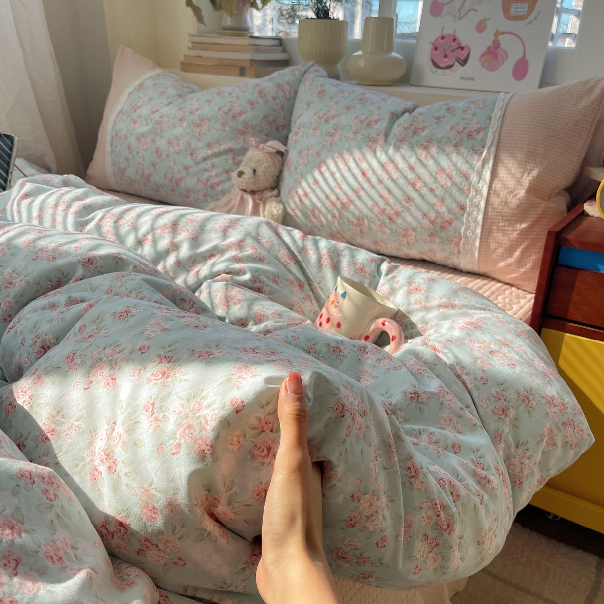 91家纺网 家纺一手货源 找家纺 花漾家居 2025新款小红书爆款小清新全棉纯棉刺绣小花边古法仿棉水洗棉四件套 茉莉清风