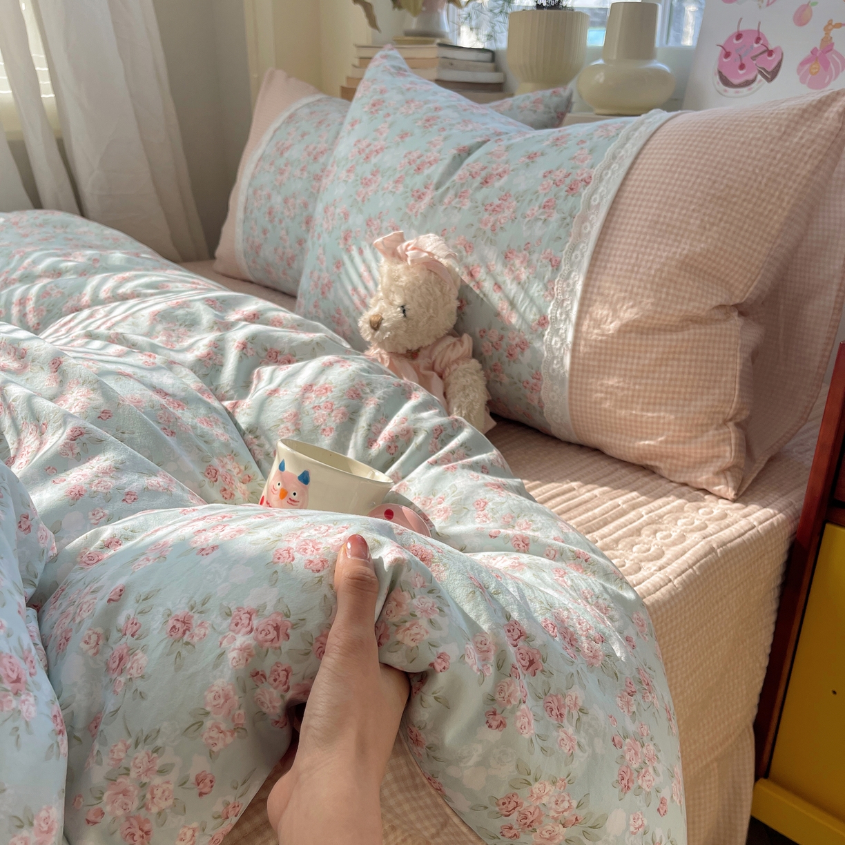 91家纺网 家纺一手货源 找家纺 花漾家居 2025新款小红书爆款小清新全棉纯棉刺绣小花边古法仿棉水洗棉四件套 茉莉清风