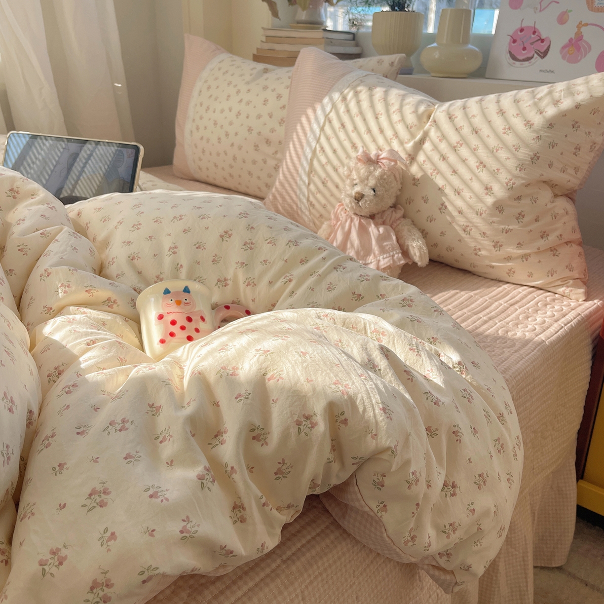 花漾家居 2025新款小红书爆款小清新全棉纯棉刺绣小花边古法仿棉水洗棉四件套 栀夏