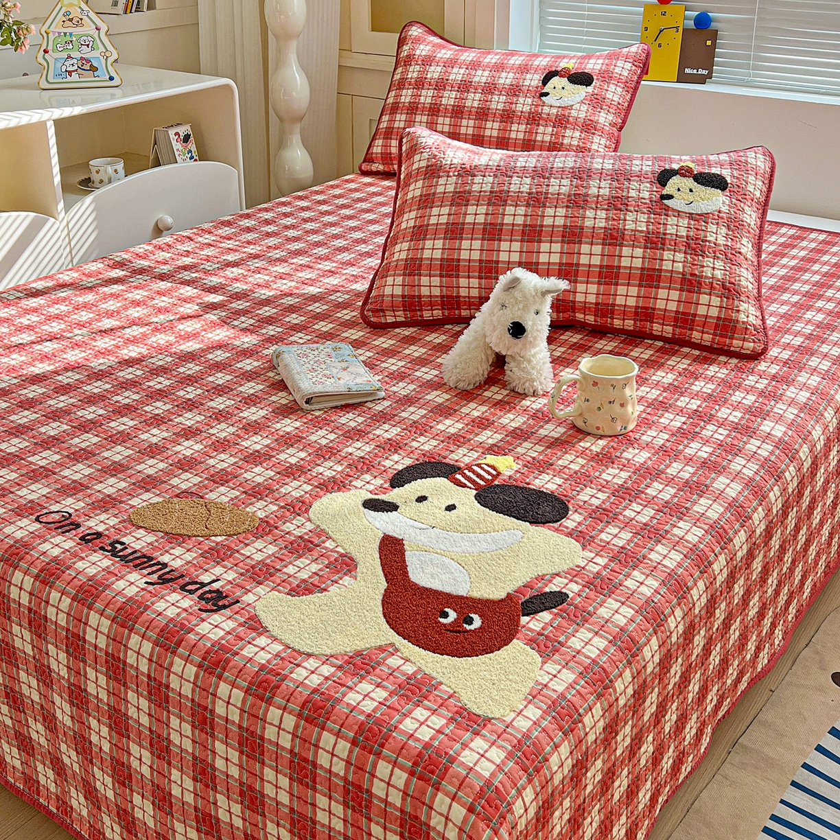 91家纺网 家纺一手货源 找家纺 鑫喜莱家纺 2026新款全棉纯棉原创毛巾绣床盖三件套单床盖软床垫 面包小狗