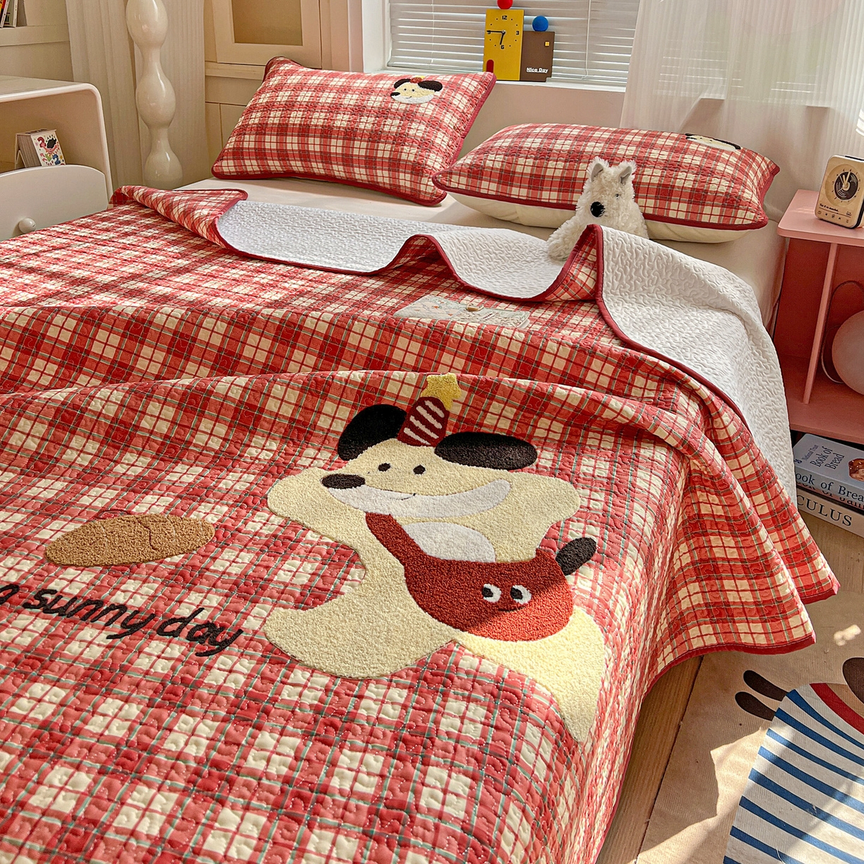 91家纺网 家纺一手货源 找家纺 鑫喜莱家纺 2026新款全棉纯棉原创毛巾绣床盖三件套单床盖软床垫 面包小狗