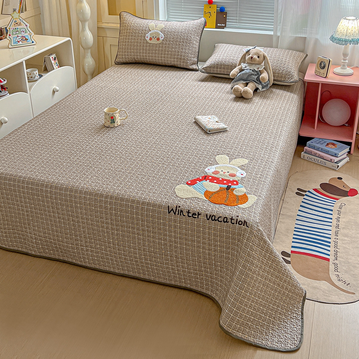 91家纺网 家纺一手货源 找家纺 鑫喜莱家纺 2026新款全棉纯棉原创毛巾绣床盖三件套单床盖软床垫 南瓜小兔