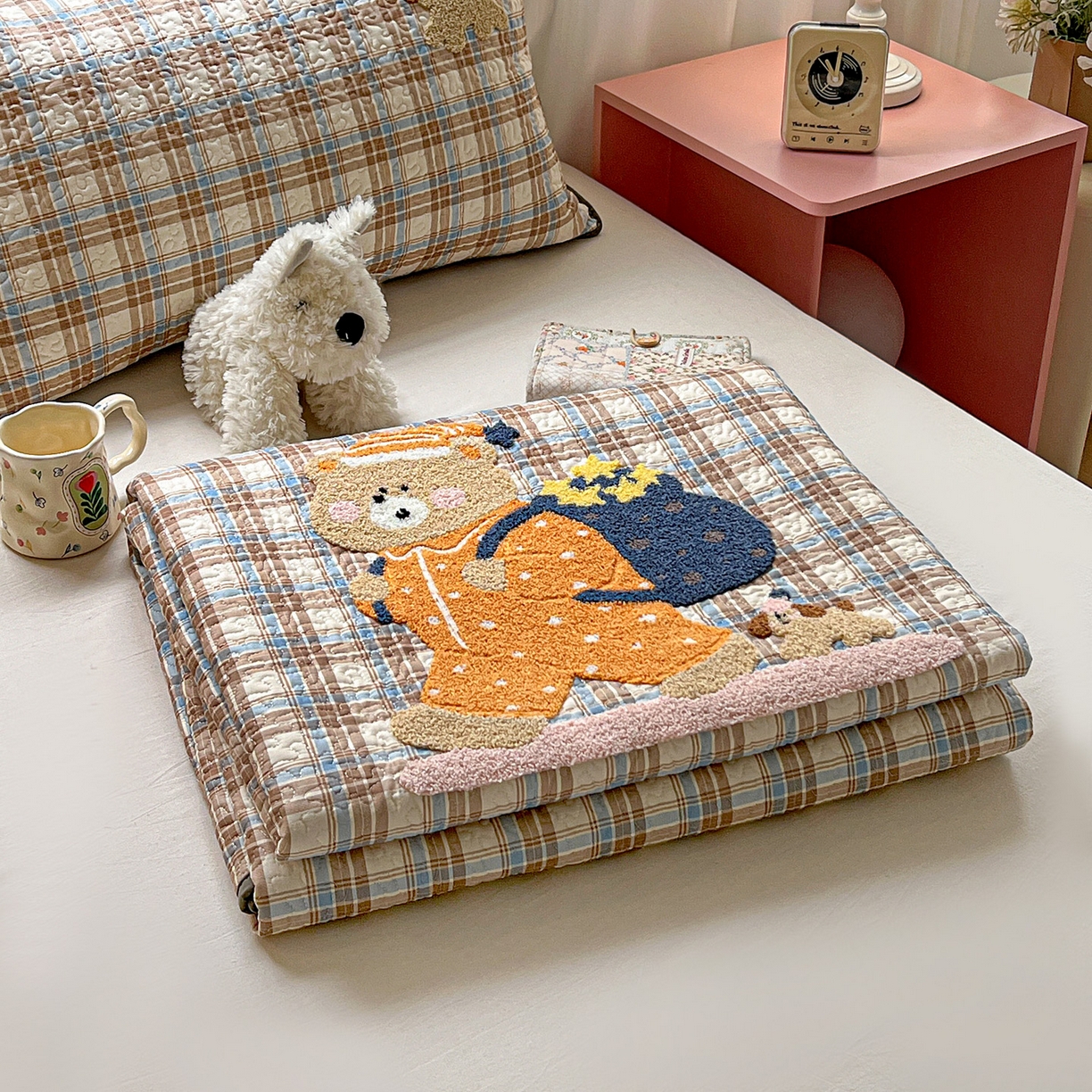 91家纺网 家纺一手货源 找家纺 鑫喜莱家纺 2026新款全棉纯棉原创毛巾绣床盖三件套单床盖软床垫 胖熊的星星