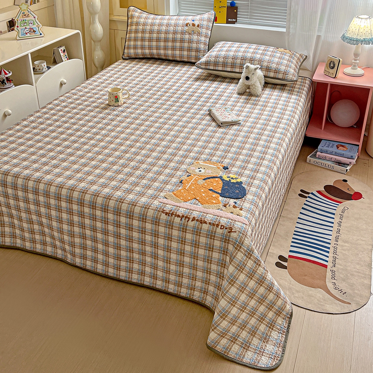 91家纺网 家纺一手货源 找家纺 鑫喜莱家纺 2026新款全棉纯棉原创毛巾绣床盖三件套单床盖软床垫 胖熊的星星