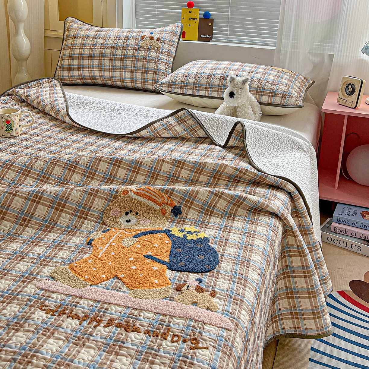 91家纺网 家纺一手货源 找家纺 鑫喜莱家纺 2026新款全棉纯棉原创毛巾绣床盖三件套单床盖软床垫 胖熊的星星