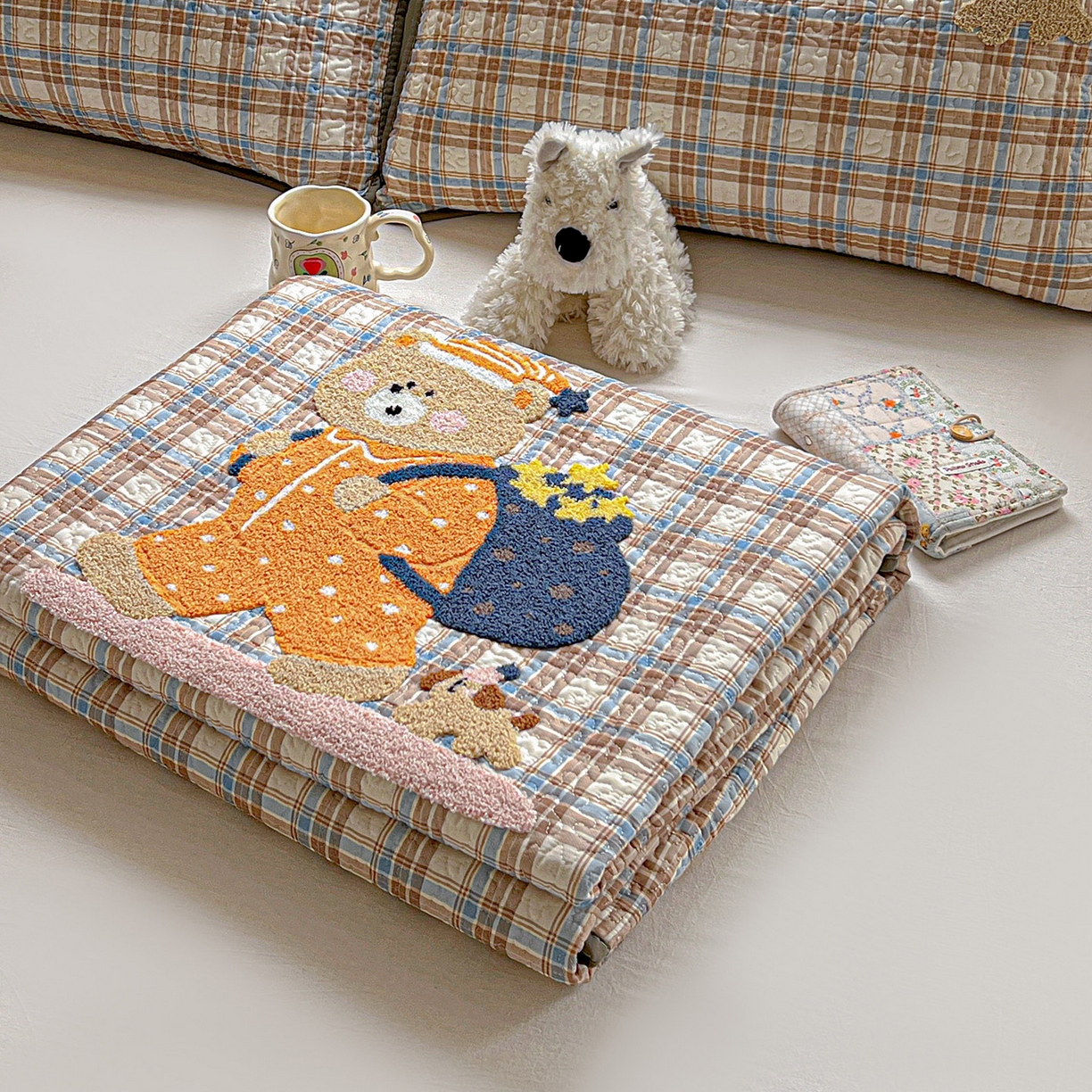 91家纺网 家纺一手货源 找家纺 鑫喜莱家纺 2026新款全棉纯棉原创毛巾绣床盖三件套单床盖软床垫 胖熊的星星