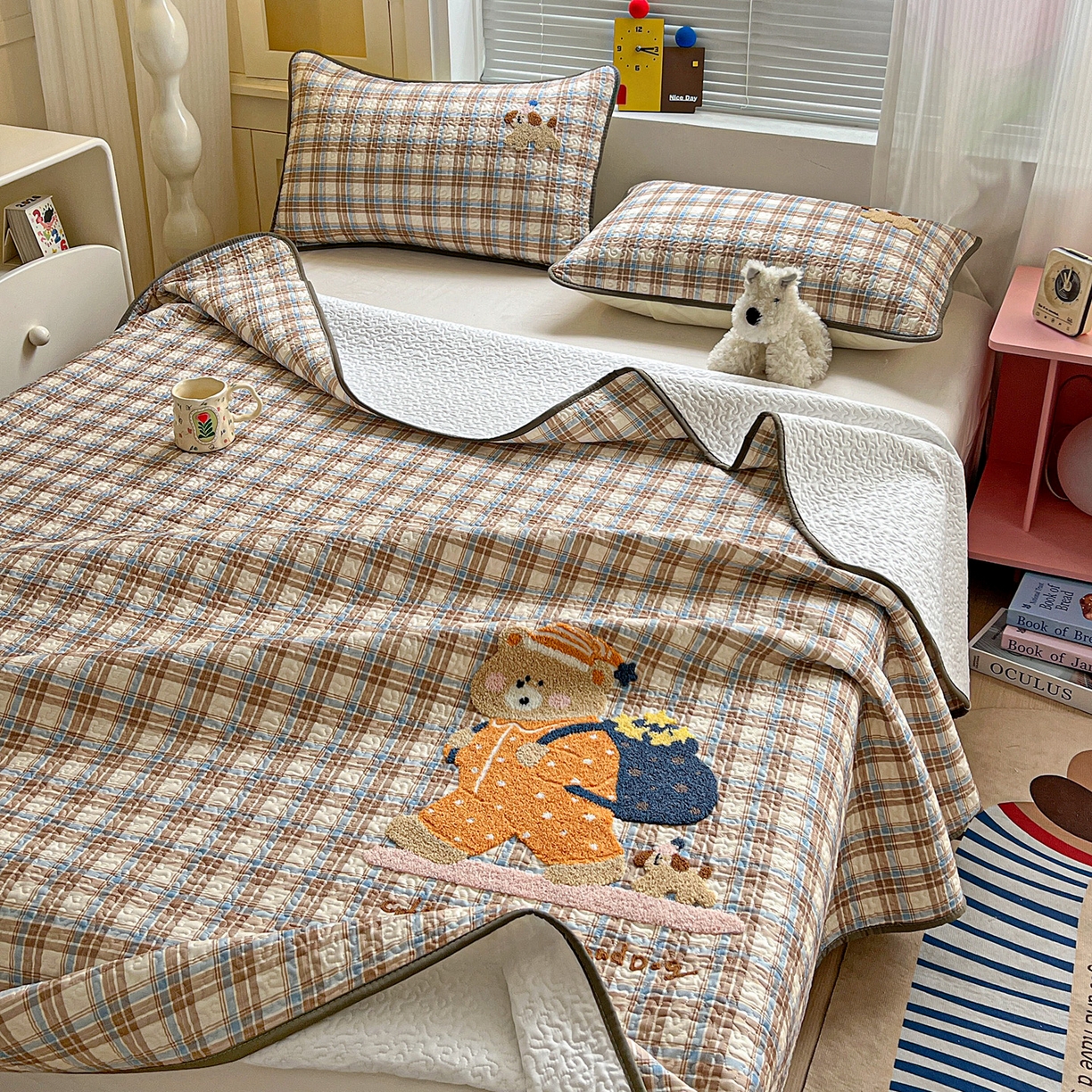 91家纺网 家纺一手货源 找家纺 鑫喜莱家纺 2026新款全棉纯棉原创毛巾绣床盖三件套单床盖软床垫 胖熊的星星