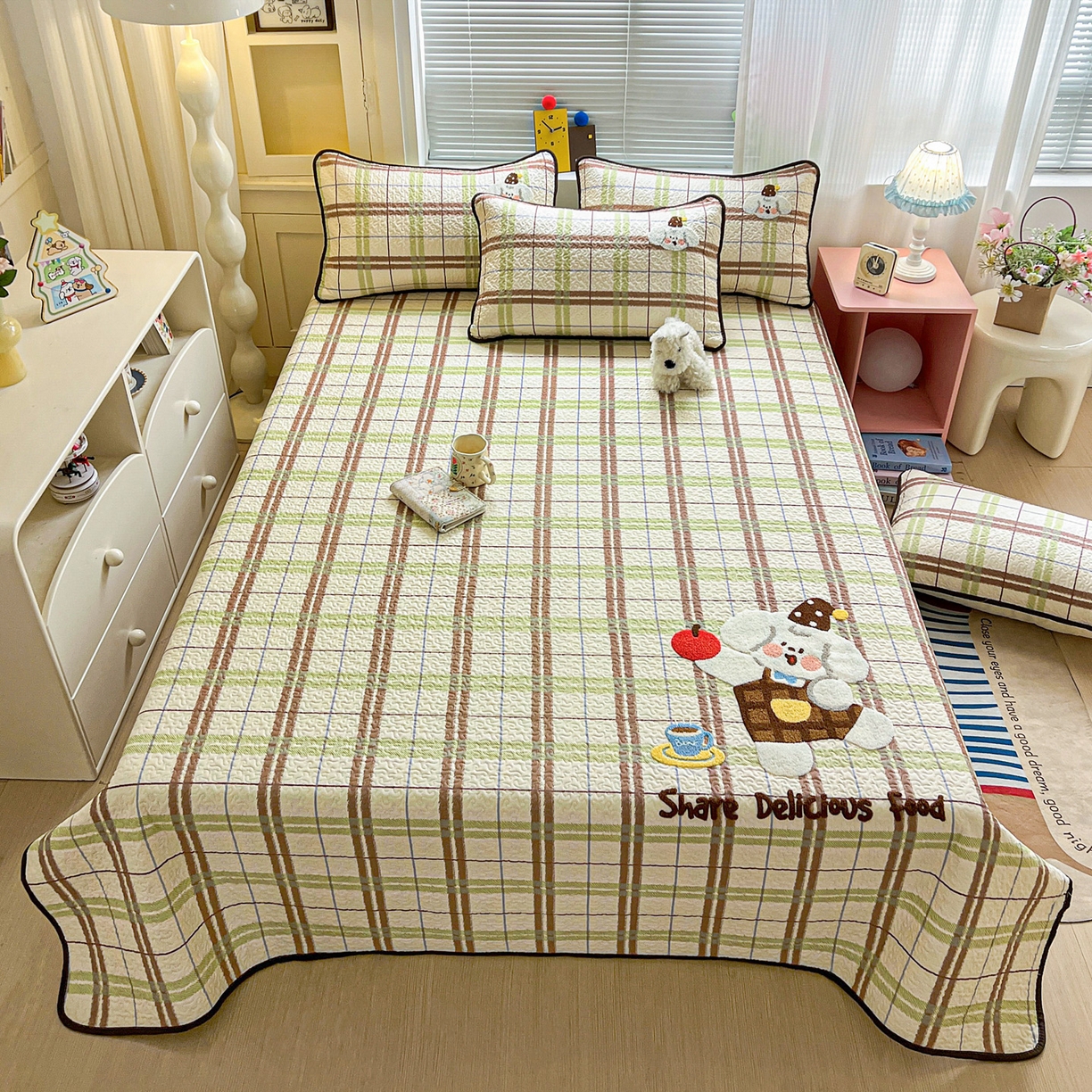 91家纺网 家纺一手货源 找家纺 鑫喜莱家纺 2026新款全棉纯棉原创毛巾绣床盖三件套单床盖软床垫 苹果小狗