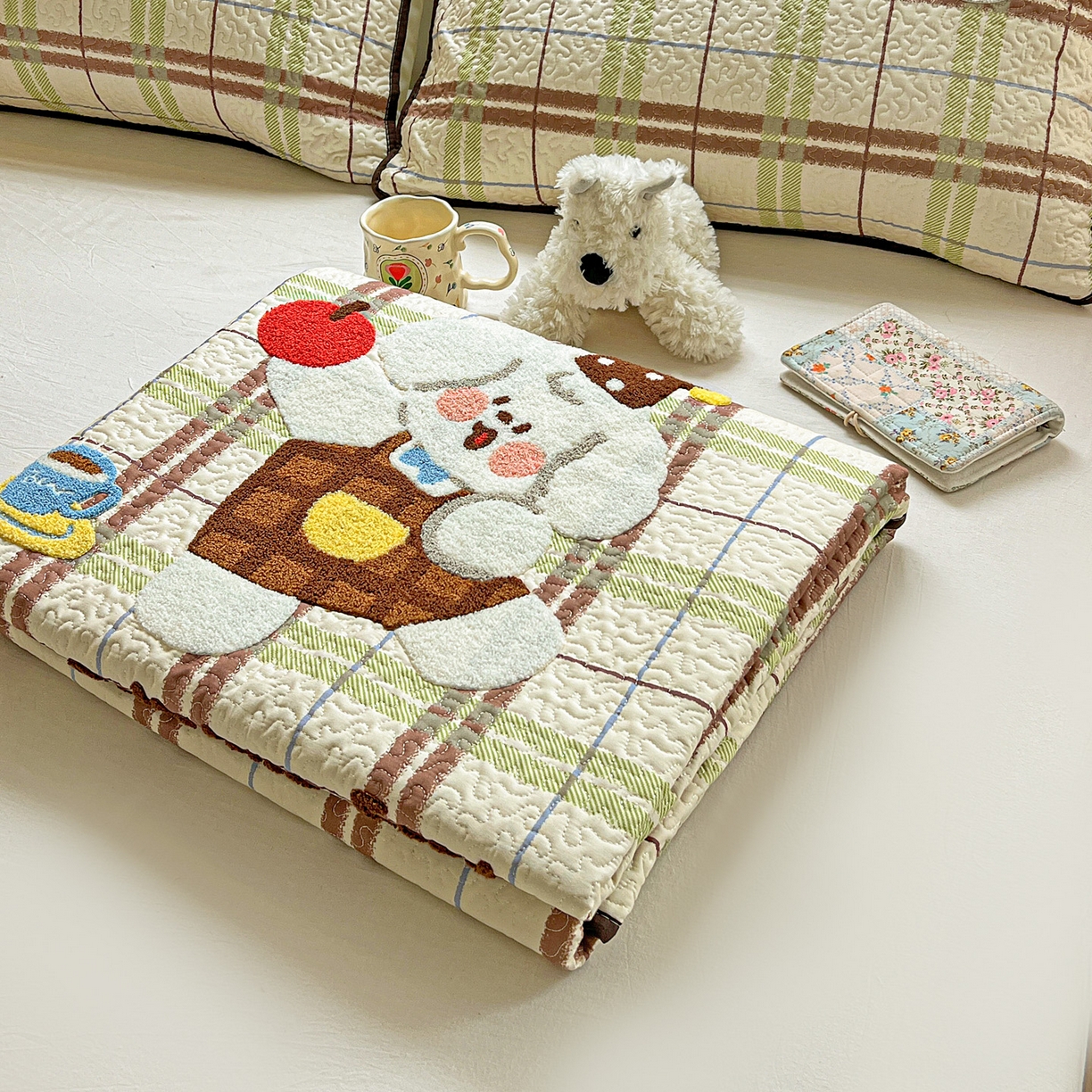 91家纺网 家纺一手货源 找家纺 鑫喜莱家纺 2026新款全棉纯棉原创毛巾绣床盖三件套单床盖软床垫 苹果小狗