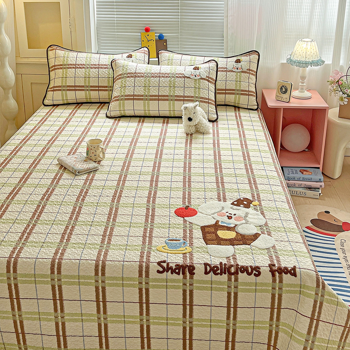 91家纺网 家纺一手货源 找家纺 鑫喜莱家纺 2026新款全棉纯棉原创毛巾绣床盖三件套单床盖软床垫 苹果小狗