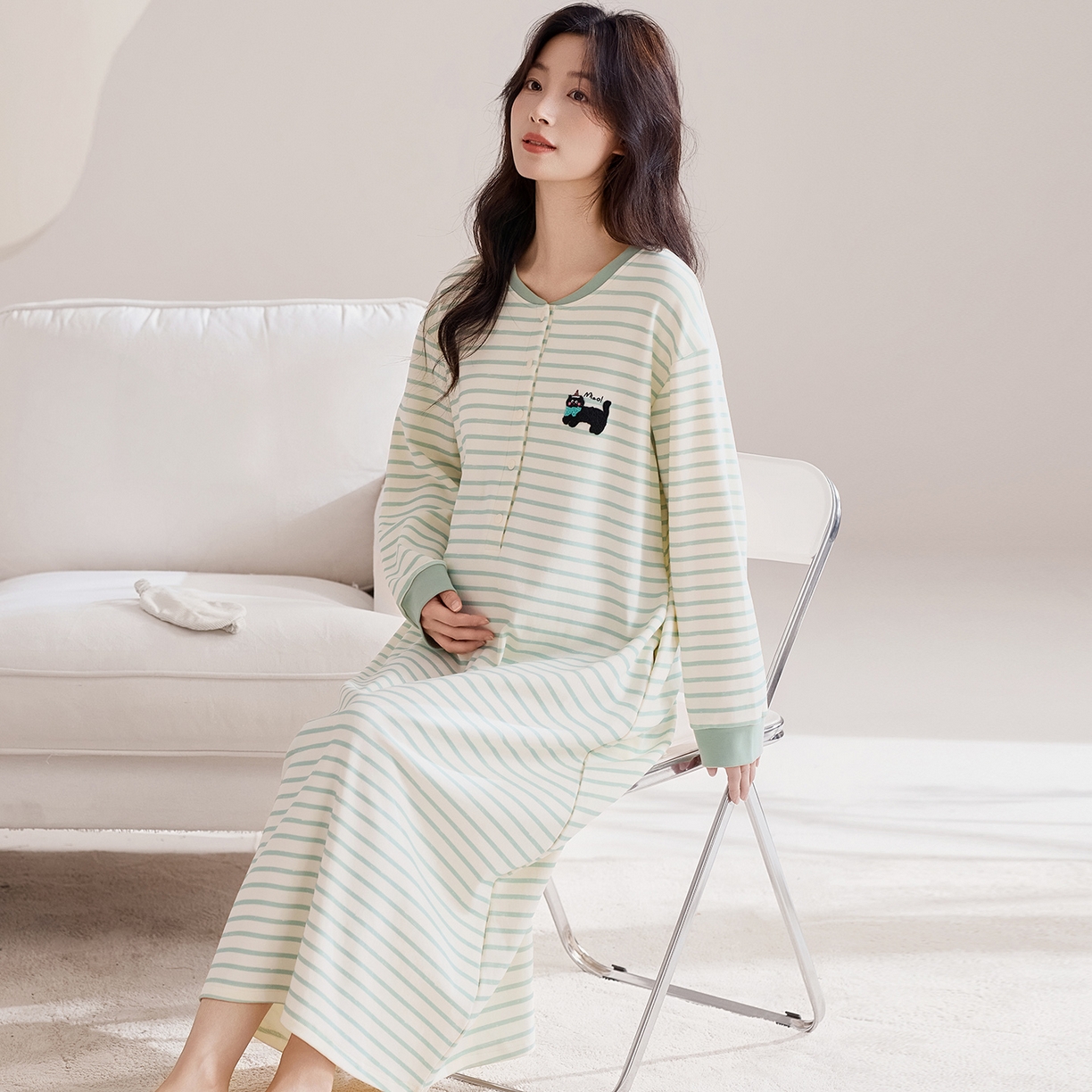 91家纺网 家纺一手货源 找家纺 （总）洛兰沙家居馆 2026新款长袖全棉纯棉孕妇睡裙女带胸垫产前产后哺乳喂奶月子服连衣裙