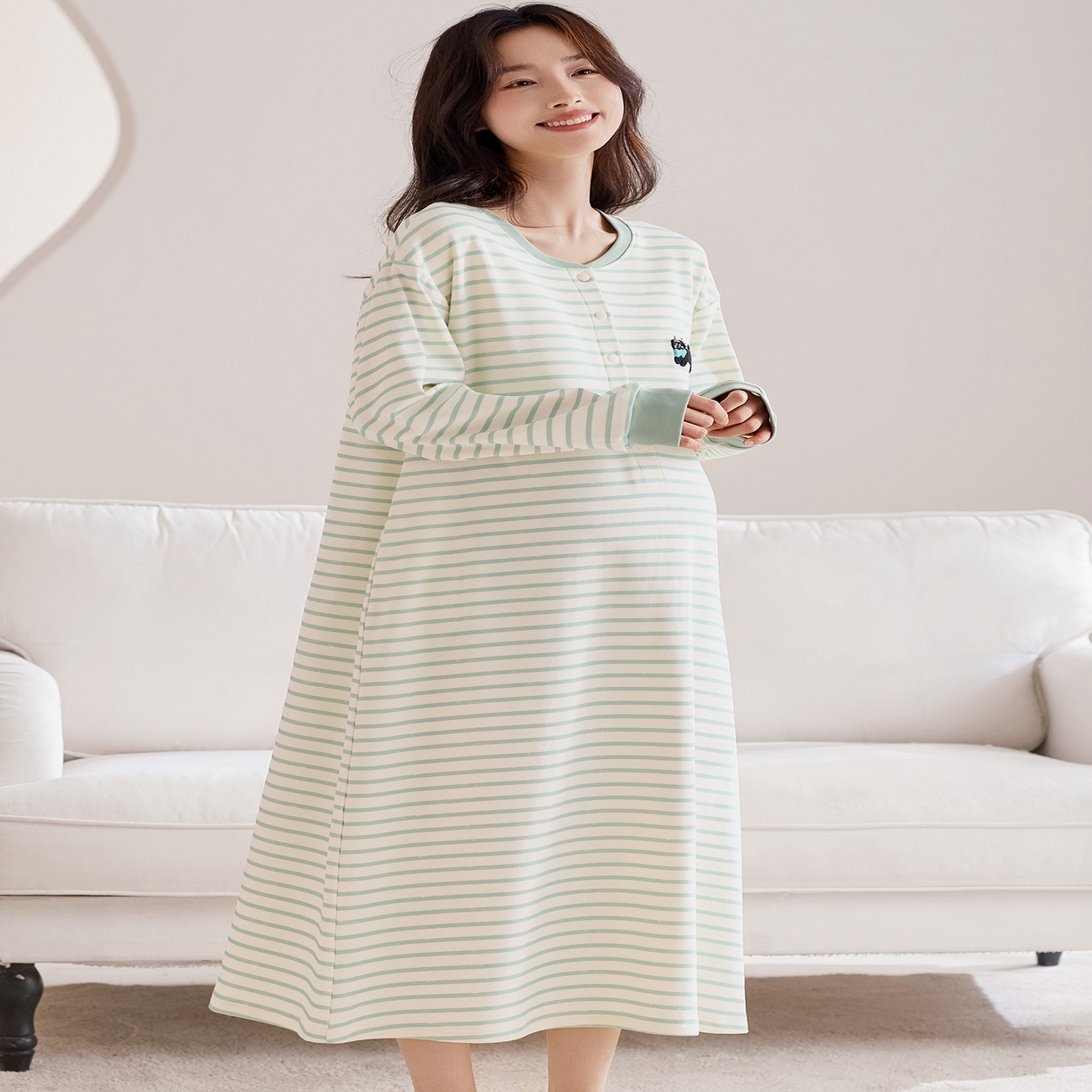 91家纺网 家纺一手货源 找家纺 （总）洛兰沙家居馆 2026新款长袖全棉纯棉孕妇睡裙女带胸垫产前产后哺乳喂奶月子服连衣裙