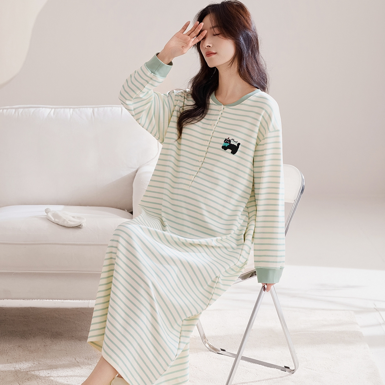 91家纺网 家纺一手货源 找家纺 （总）洛兰沙家居馆 2026新款长袖全棉纯棉孕妇睡裙女带胸垫产前产后哺乳喂奶月子服连衣裙