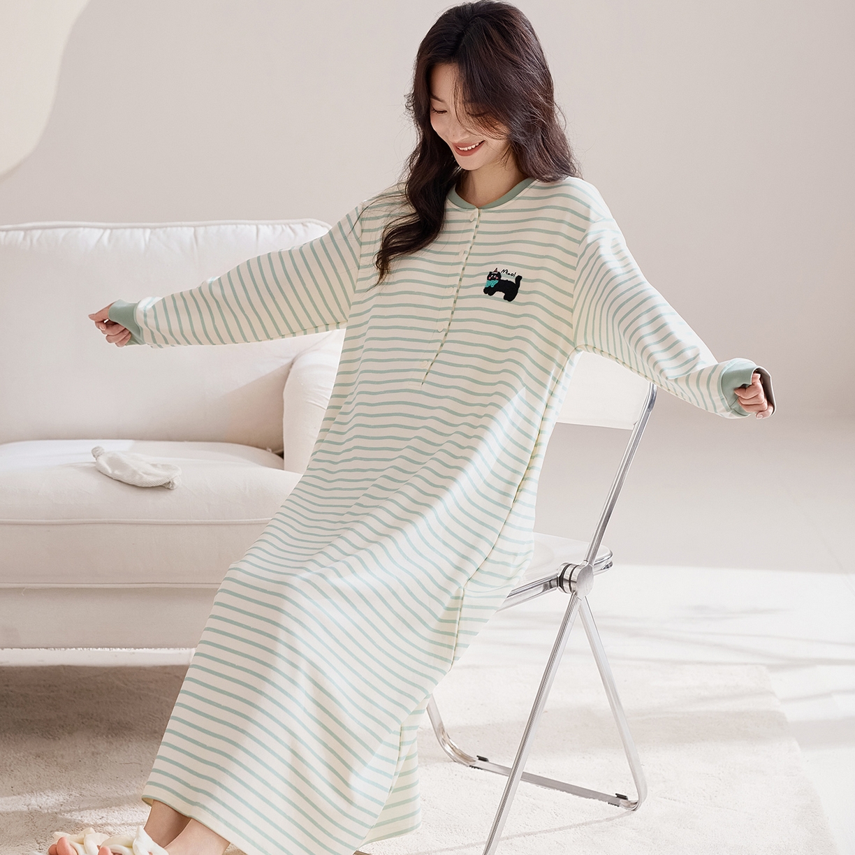 91家纺网 家纺一手货源 找家纺 （总）洛兰沙家居馆 2026新款长袖全棉纯棉孕妇睡裙女带胸垫产前产后哺乳喂奶月子服连衣裙